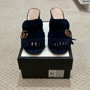 Gucci Women's Dark Blue Fringe Mules with Gold Accent